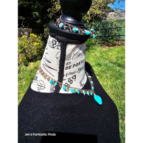 925 Sterling Silver Turquoise & Swarovski Crystal Necklace Bracelet Set - Picture 5 of 15